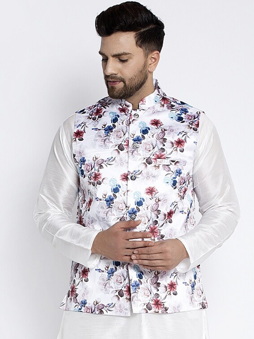 

Benstoke Men Floral Printed Nehru Jacket, White