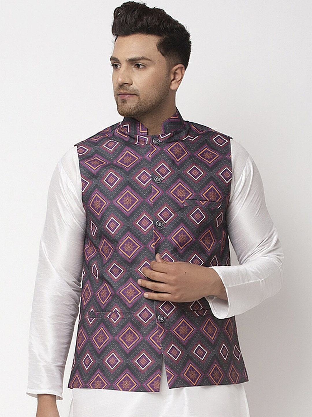 

Benstoke Men Printed Nehru Jacket, Charcoal