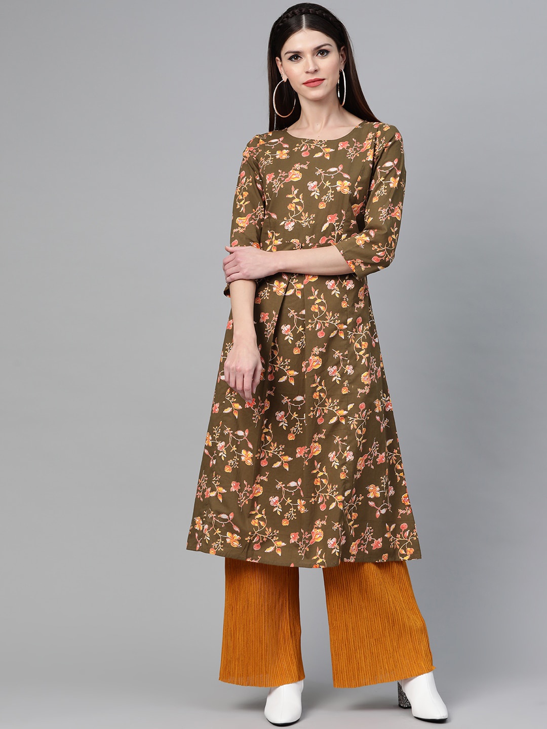 

See Designs Women Floral Printed Cotton Kurta, Olive