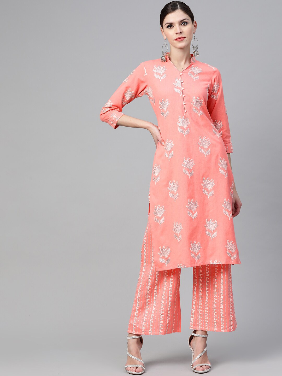 

See Designs Women Floral Printed Pure Cotton Kurta with Palazzos, Peach