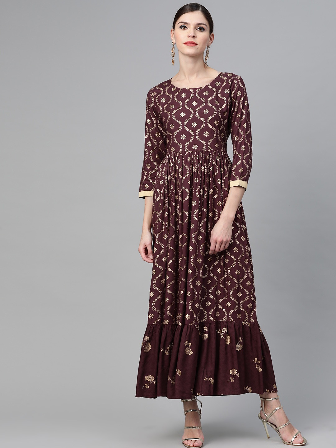 

See Designs Women Ethnic Motifs Printed Thread Work Pure Cotton Anarkali Kurta, Burgundy