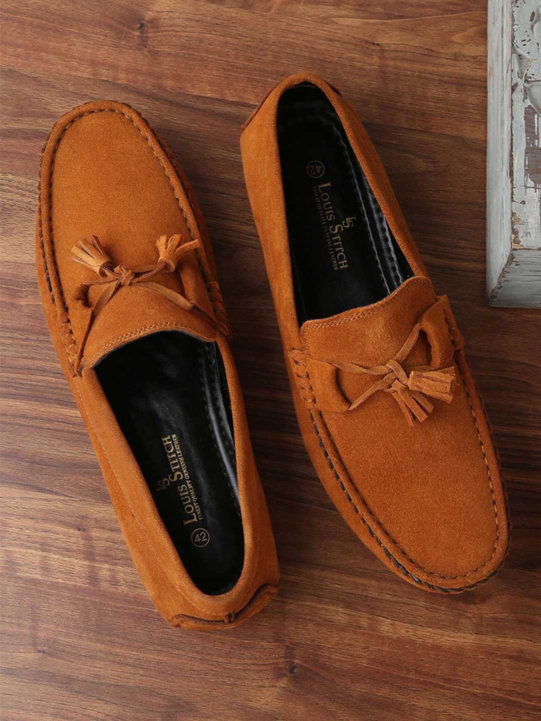 

Louis Stitch Men Russet Tan Italian Suede Leather Handmade Driving Tassel Loafers, Brown