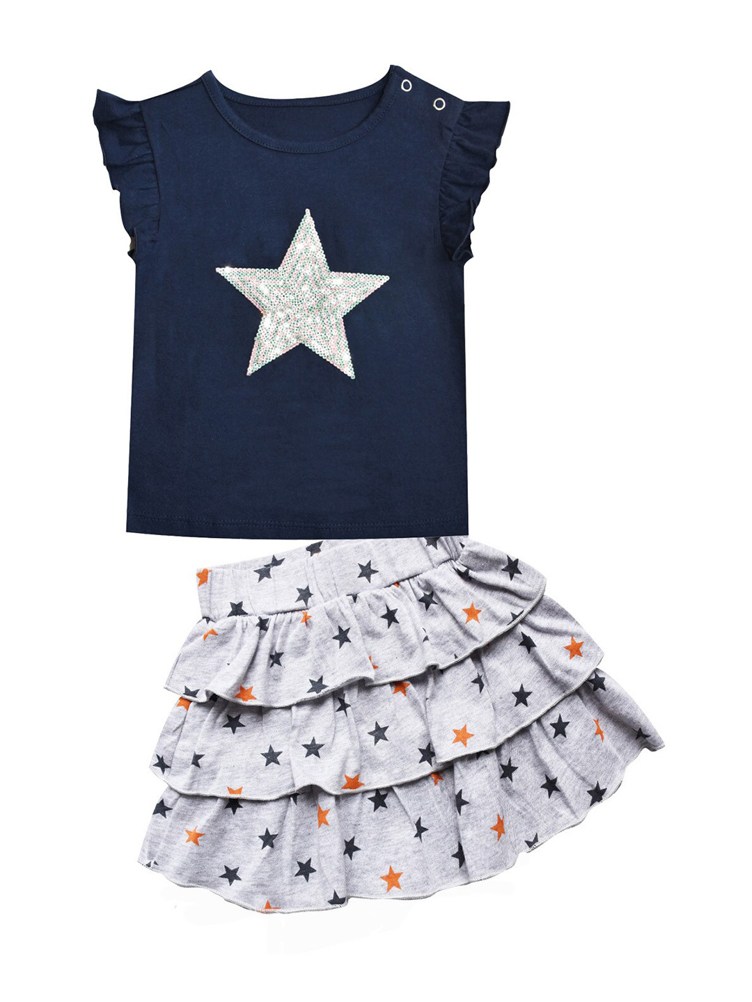 

milou Girls Embellished Pure Cotton Top with Skirt, Navy blue