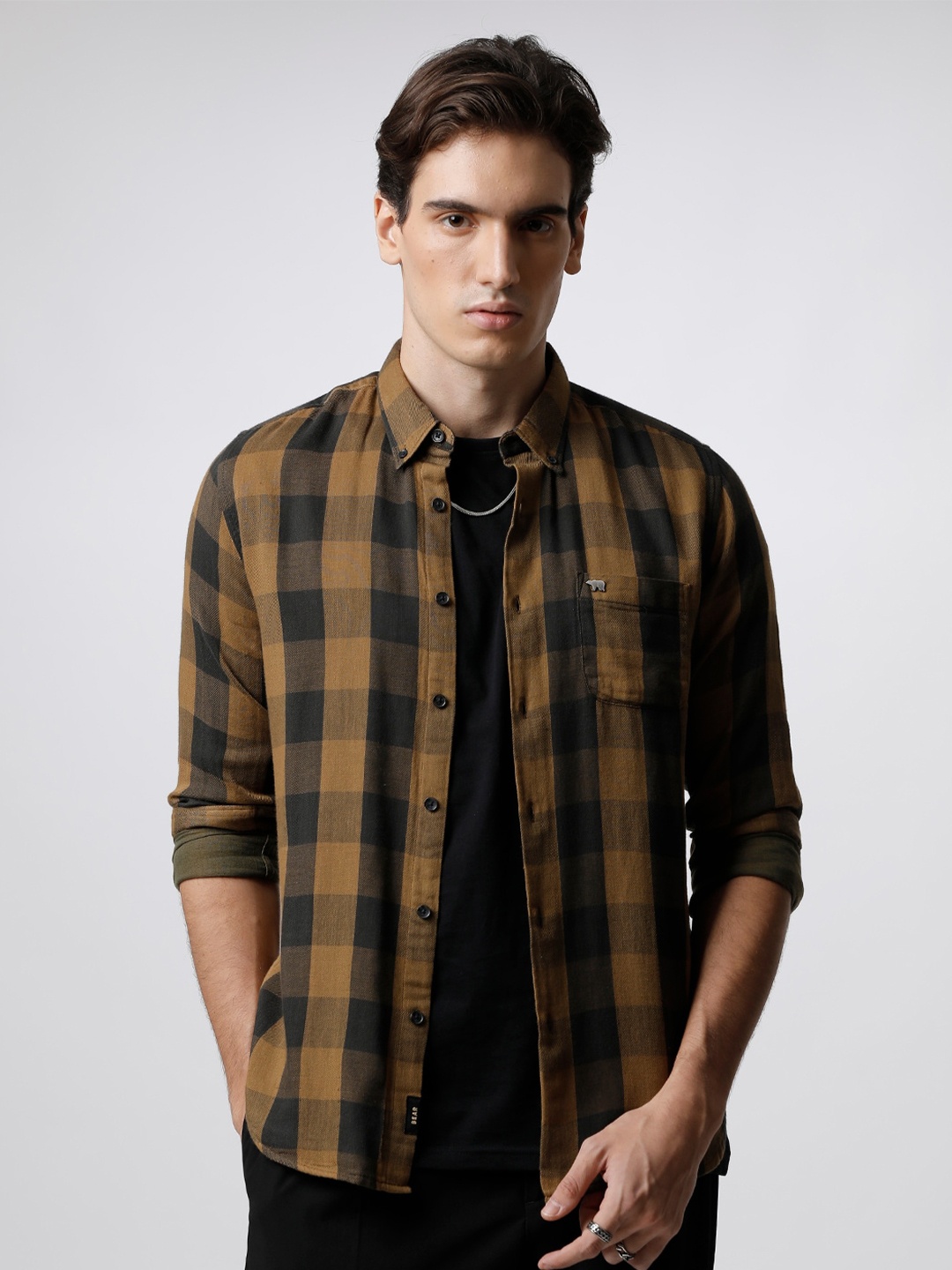 

THE BEAR HOUSE Men Slim Fit Tartan Checked Casual Shirt, Brown