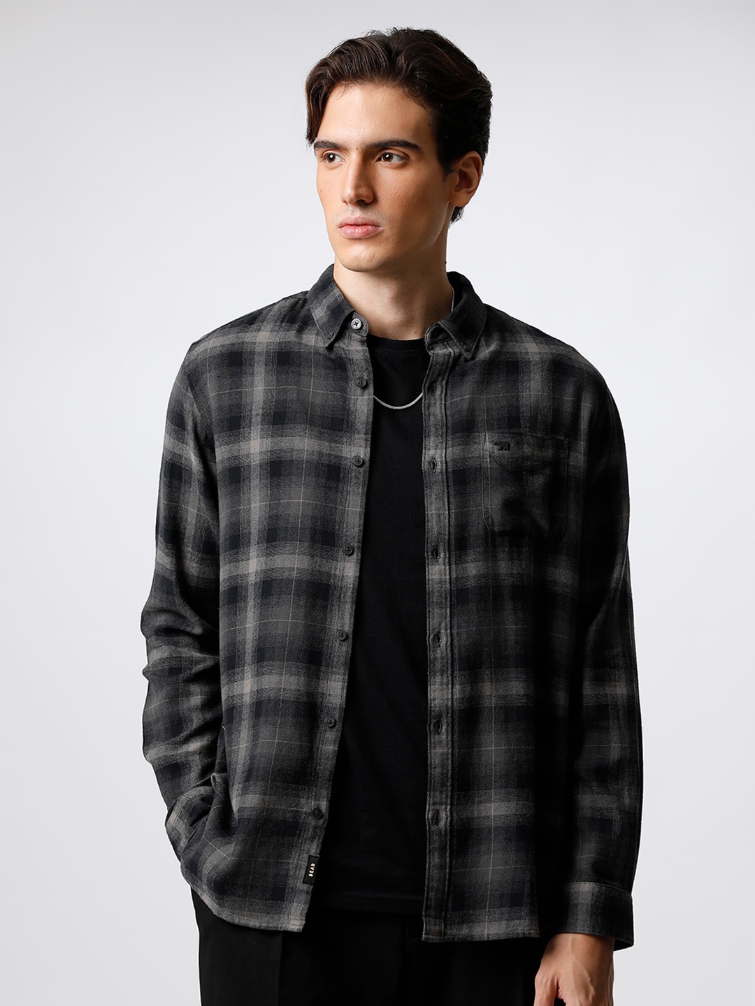 

THE BEAR HOUSE Men Slim Fit Checked Casual Shirt, Black