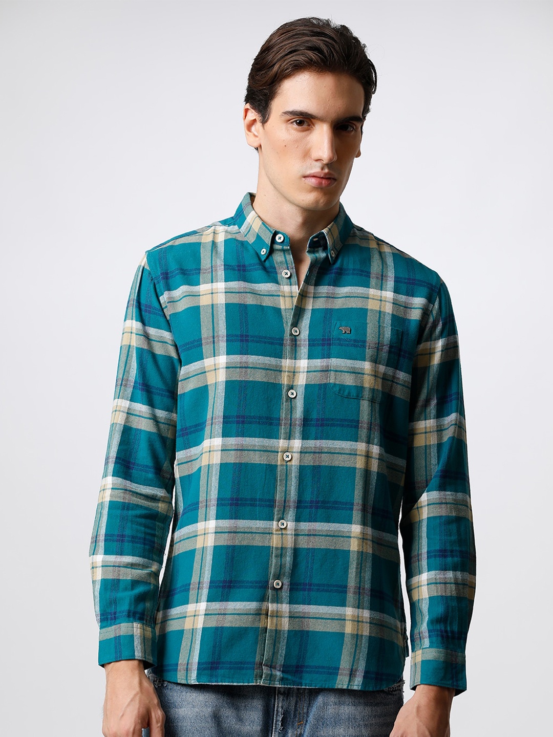 

THE BEAR HOUSE Men Slim Fit Tartan Checked Casual Shirt, Teal