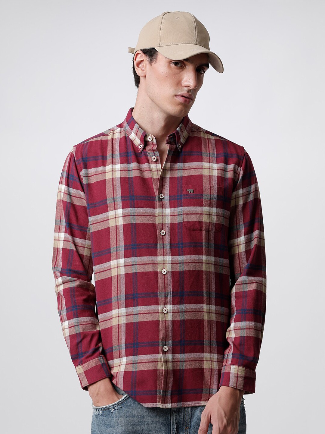 

THE BEAR HOUSE Men Slim Fit Tartan Checks Checked Pure Cotton Casual Shirt, Maroon