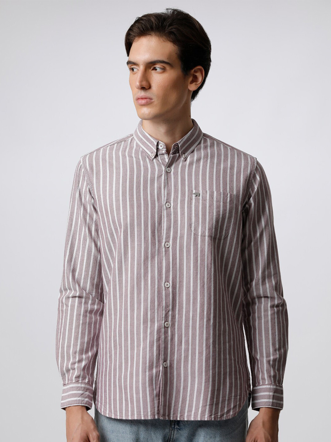 

THE BEAR HOUSE Men Striped Cotton Slim Fit Casual Shirt, Grey