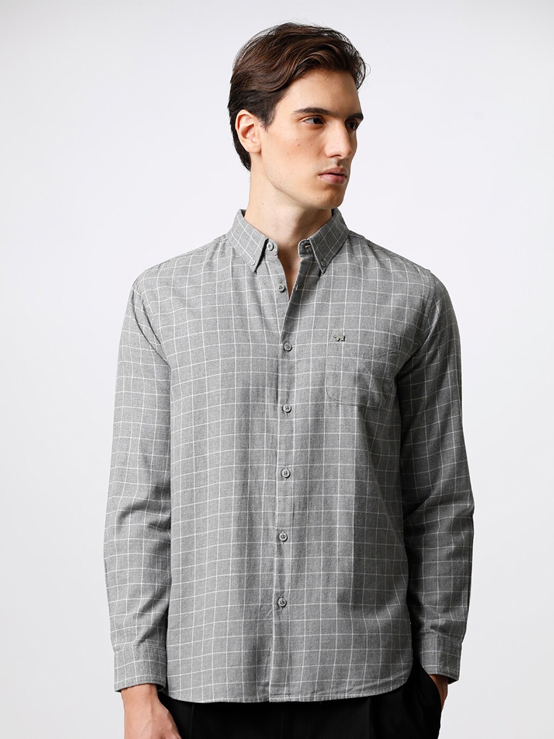 

THE BEAR HOUSE Men Slim Fit Checked Pure Cotton Casual Shirt, Grey
