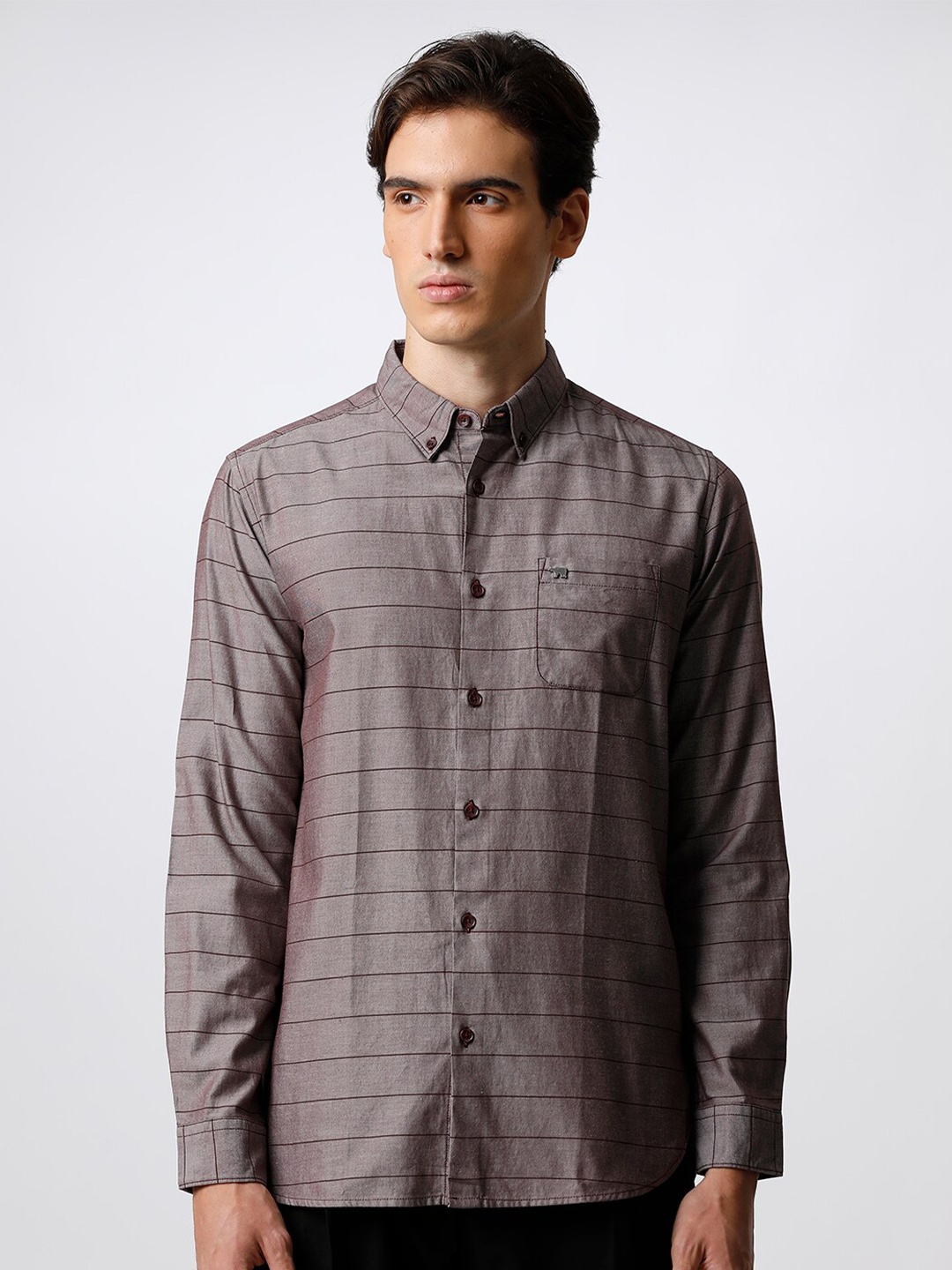 

THE BEAR HOUSE Men Slim Fit Horizontal Striped Pure Cotton Casual Shirt, Maroon