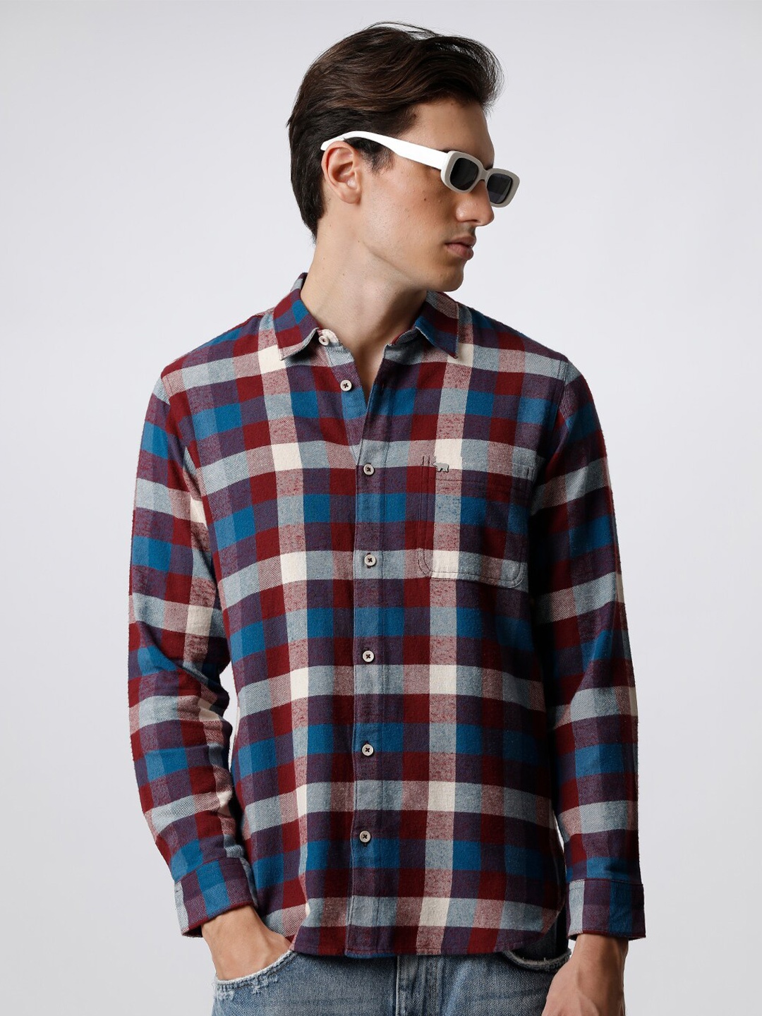 

THE BEAR HOUSE Men Slim Fit Checked Pure Cotton Casual Shirt, Red