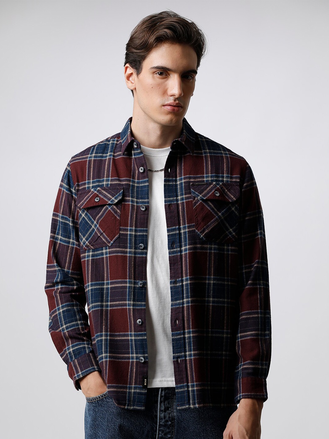 

THE BEAR HOUSE Men Slim Fit Tartan Checked Casual Shirt, Maroon