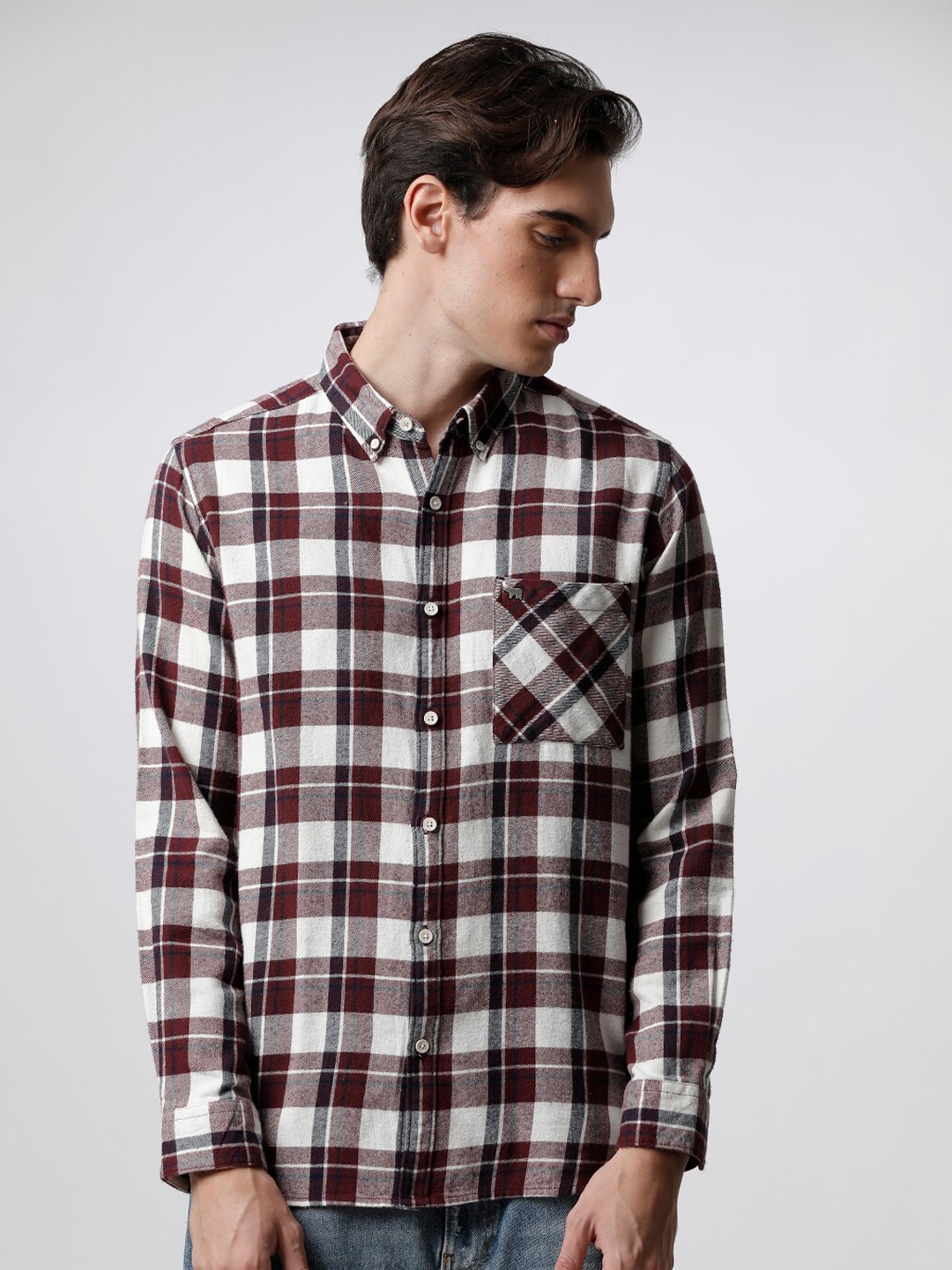 

THE BEAR HOUSE Men Slim Fit Tartan Checked Casual Shirt, Maroon