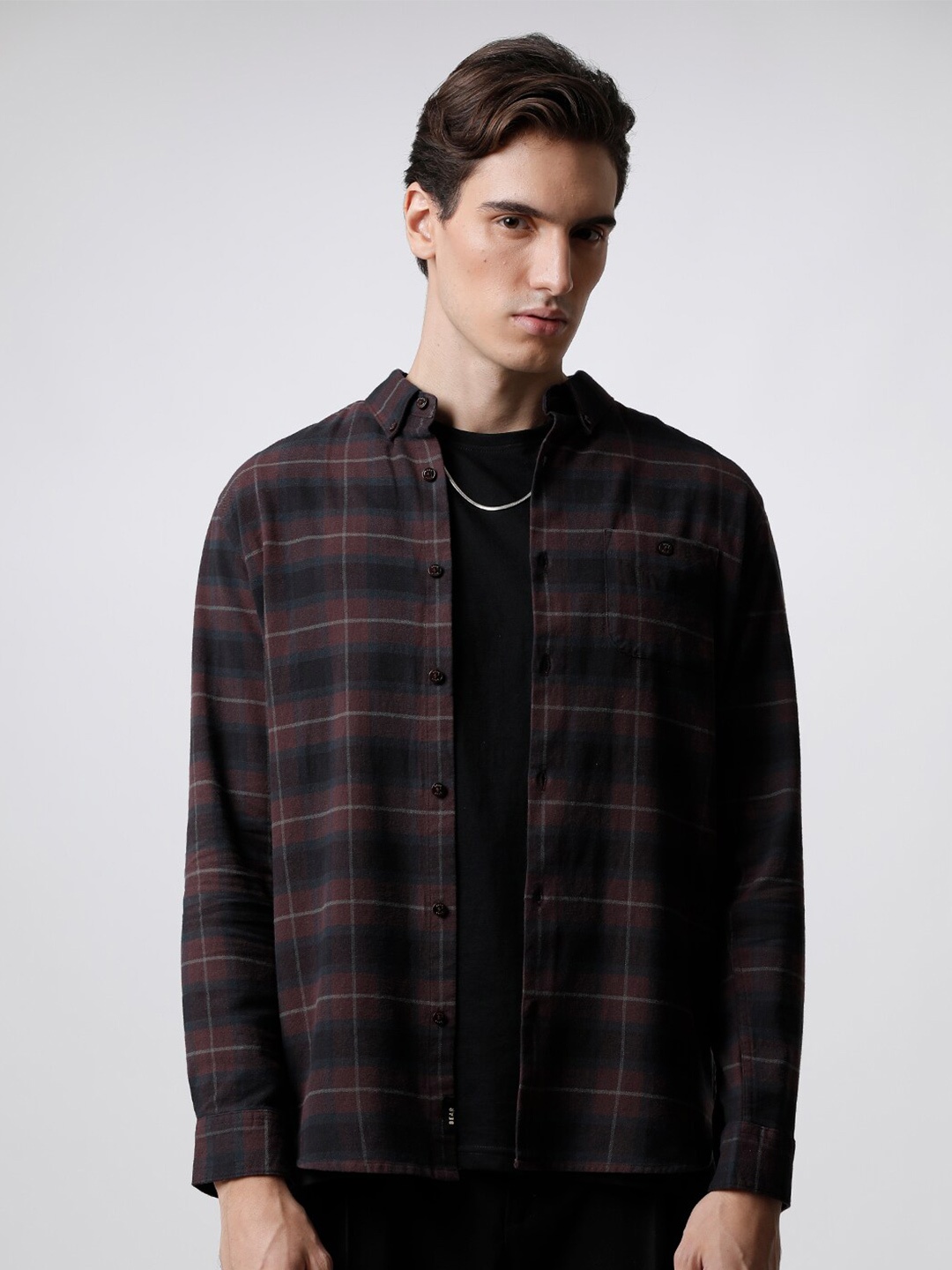 

THE BEAR HOUSE Men Slim Fit Tartan Checked Casual Shirt, Maroon
