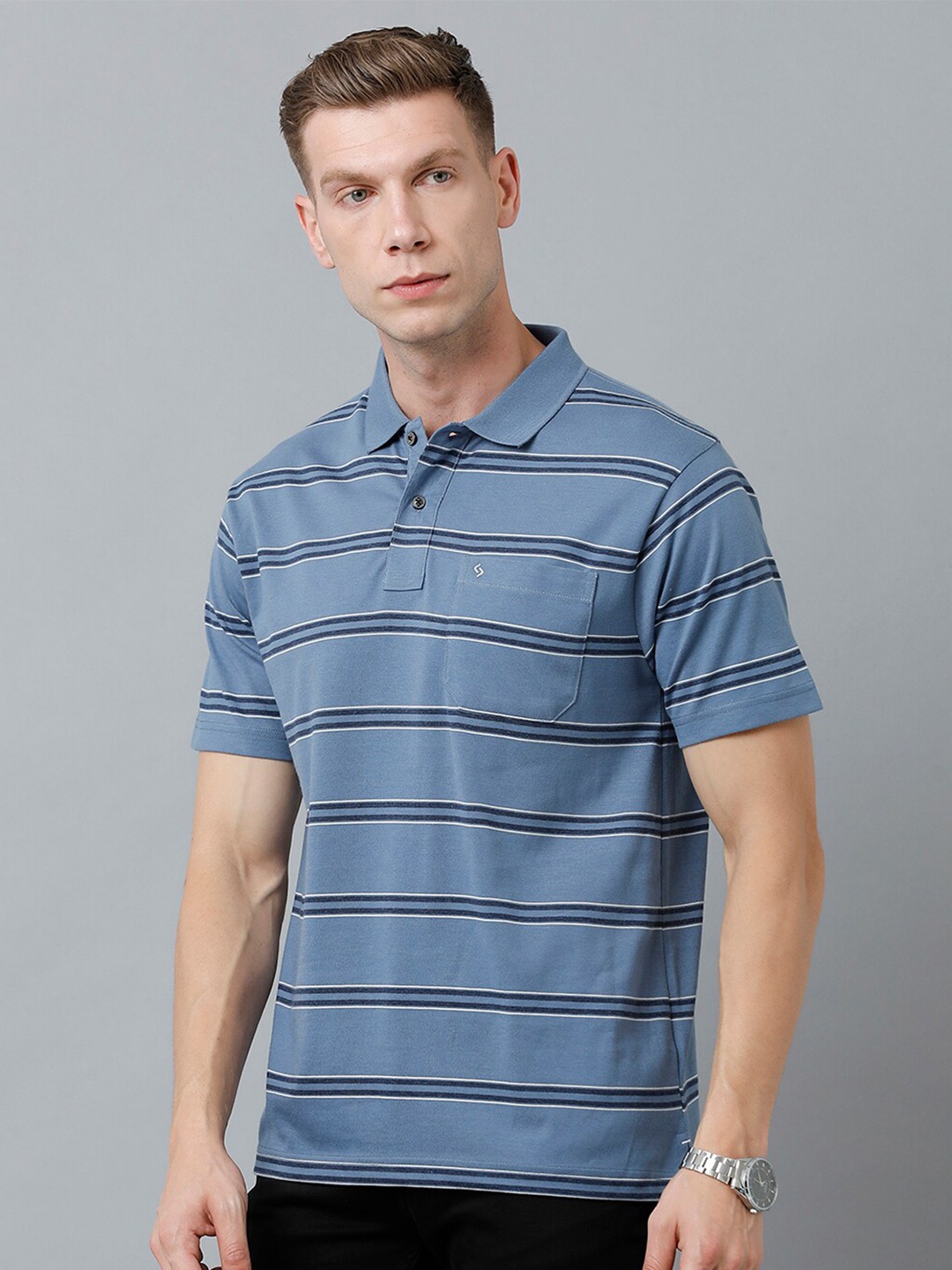 

Classic Polo Men Striped Polo Collar Cotton T-shirt, Blue