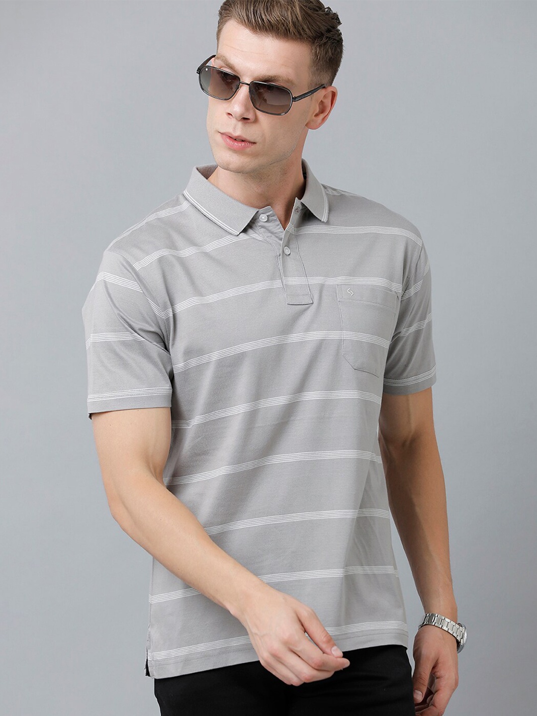 

Classic Polo Men Striped Polo Collar Cotton T-shirt, Grey