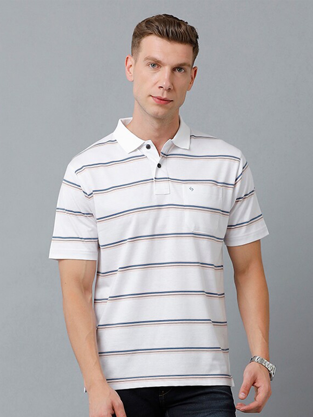 

Classic Polo Men Striped Polo Collar Cotton T-shirt, White