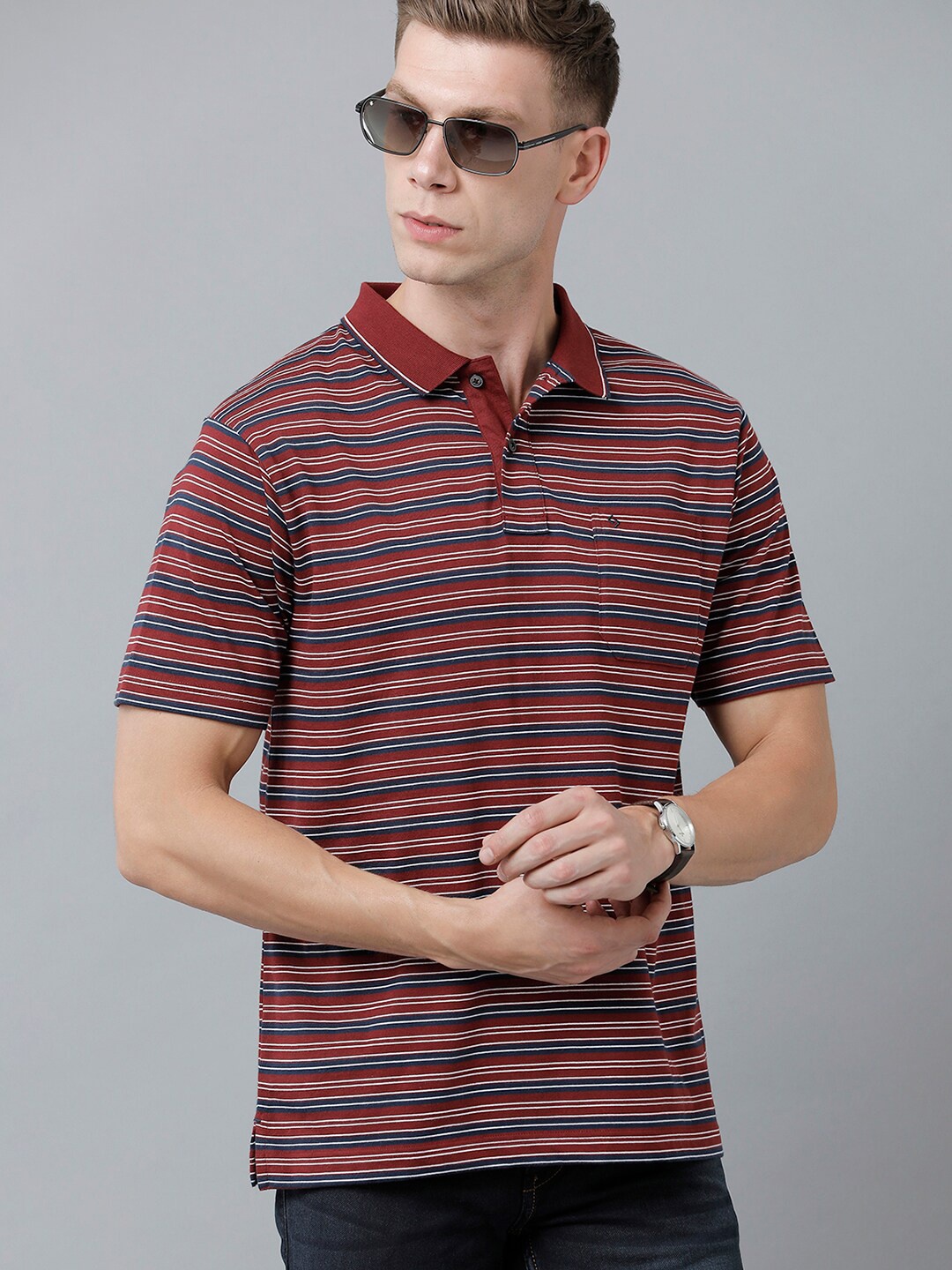 

Classic Polo Men Cotton Striped Polo Collar T-shirt, Brown