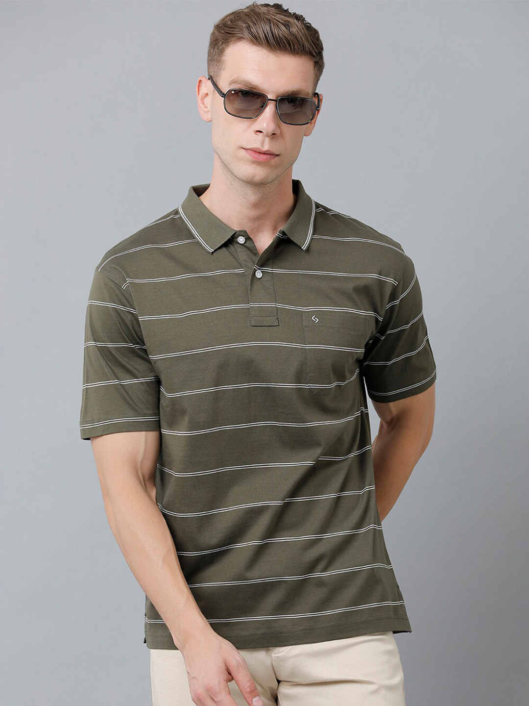 

Classic Polo Men Striped Polo Collar Cotton T-shirt, Olive