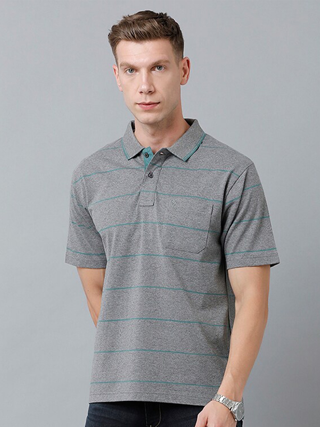 

Classic Polo Men Striped Polo Collar Cotton T-shirt, Grey melange