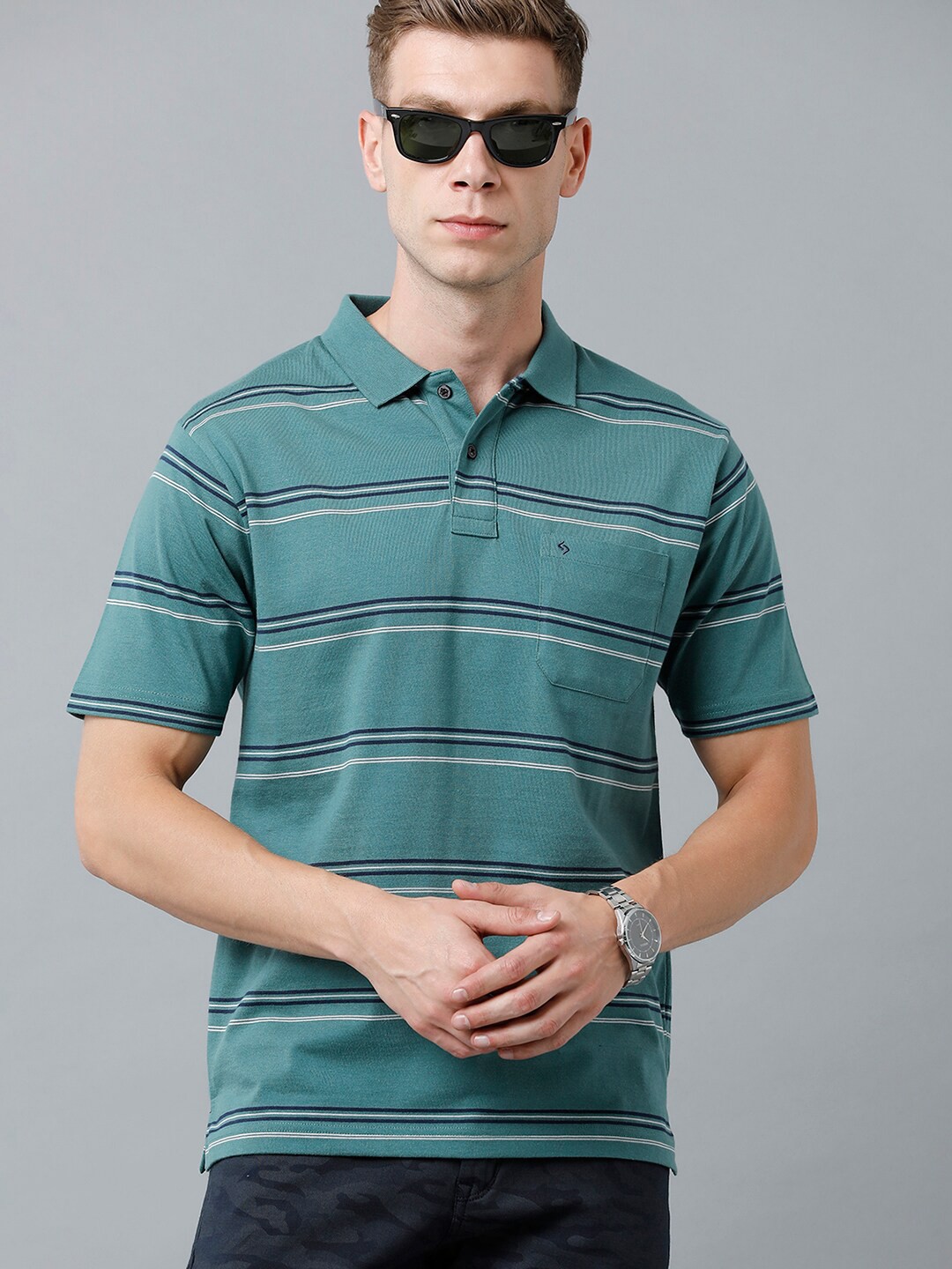 

Classic Polo Men Striped Polo Collar Cotton T-shirt, Green