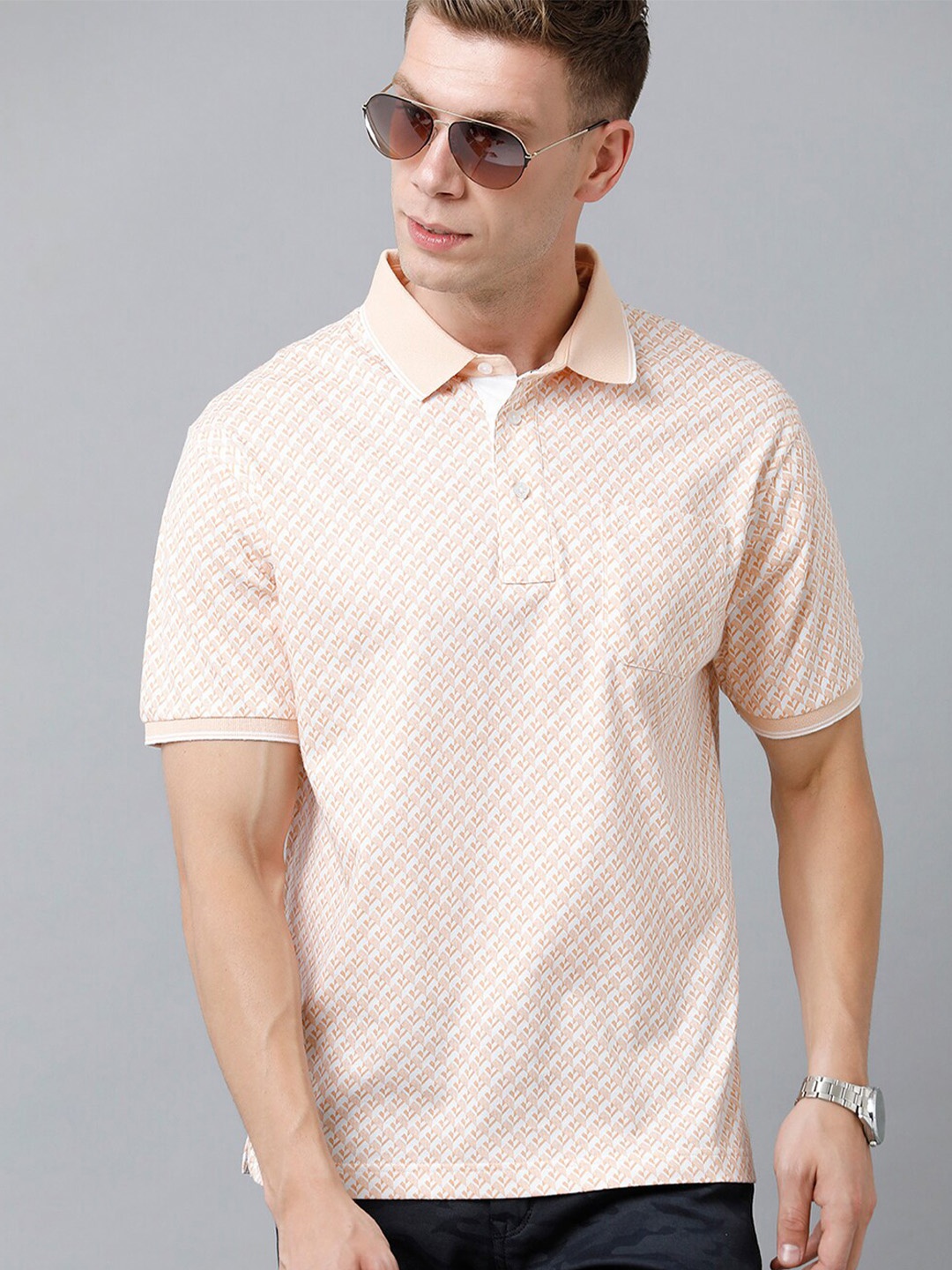 

Classic Polo Men Geometric Printed Polo Collar T-shirt, Peach