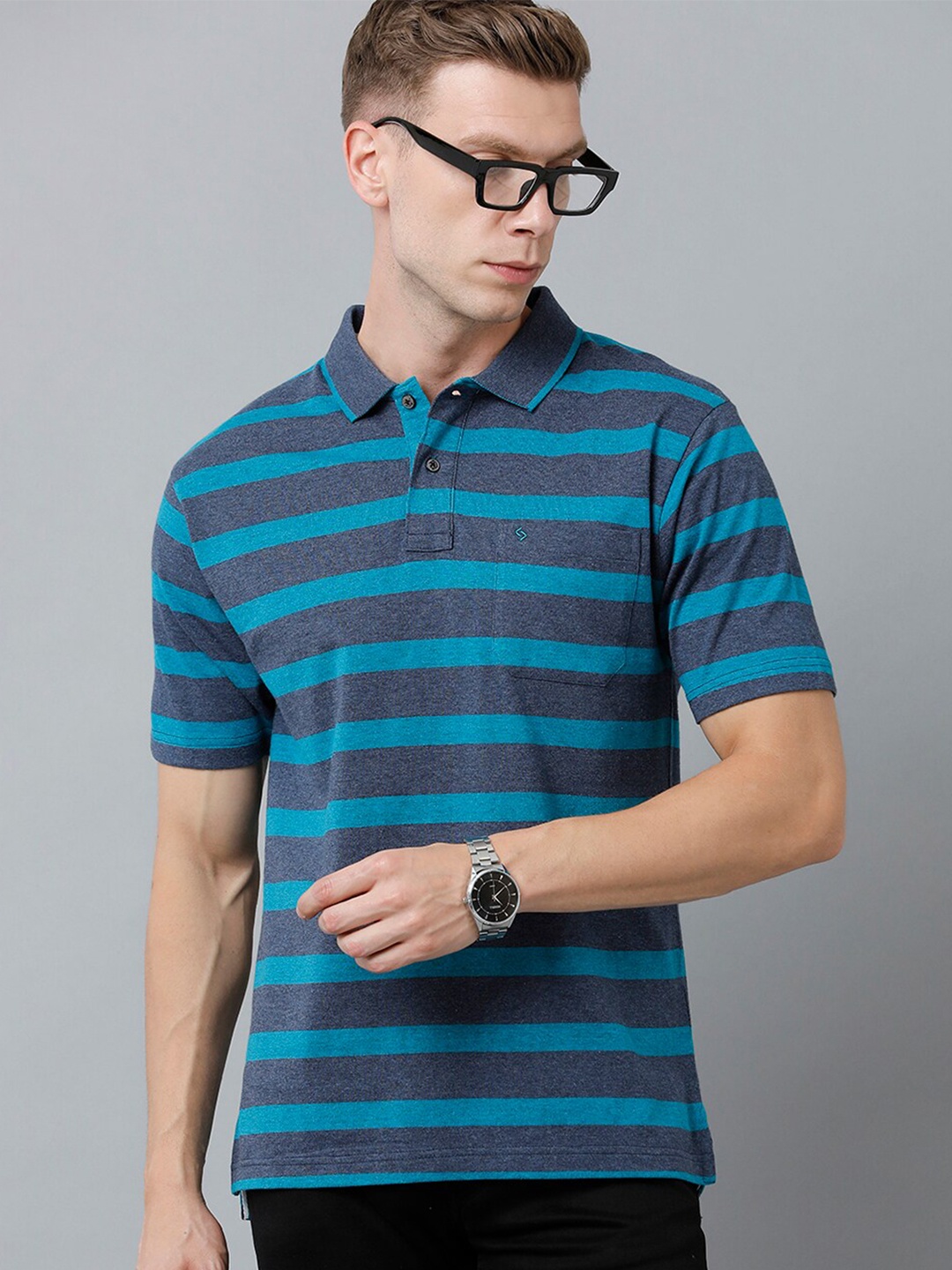 

Classic Polo Men Striped Polo Collar Cotton T-shirt, Blue