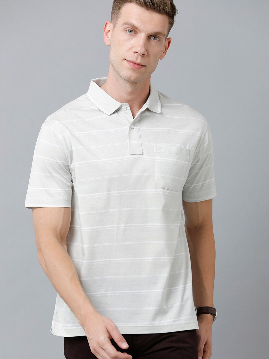 

Classic Polo Men Striped Polo Collar Cotton T-shirt, Grey