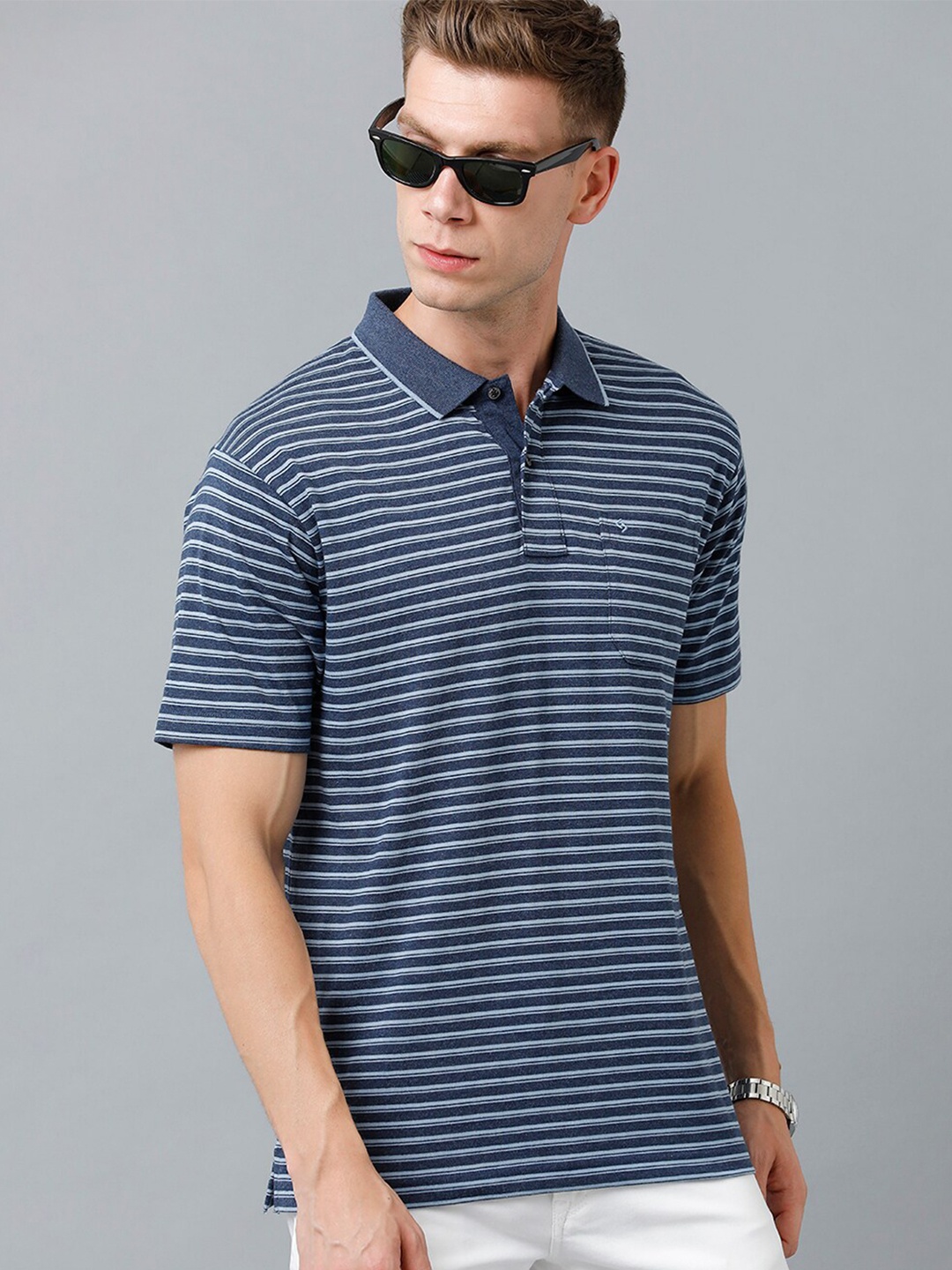 

Classic Polo Men Striped Polo Collar Cotton T-shirt, Navy blue