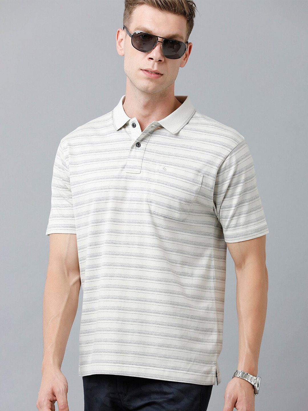 

Classic Polo Men Striped Polo Collar Cotton T-shirt, Grey