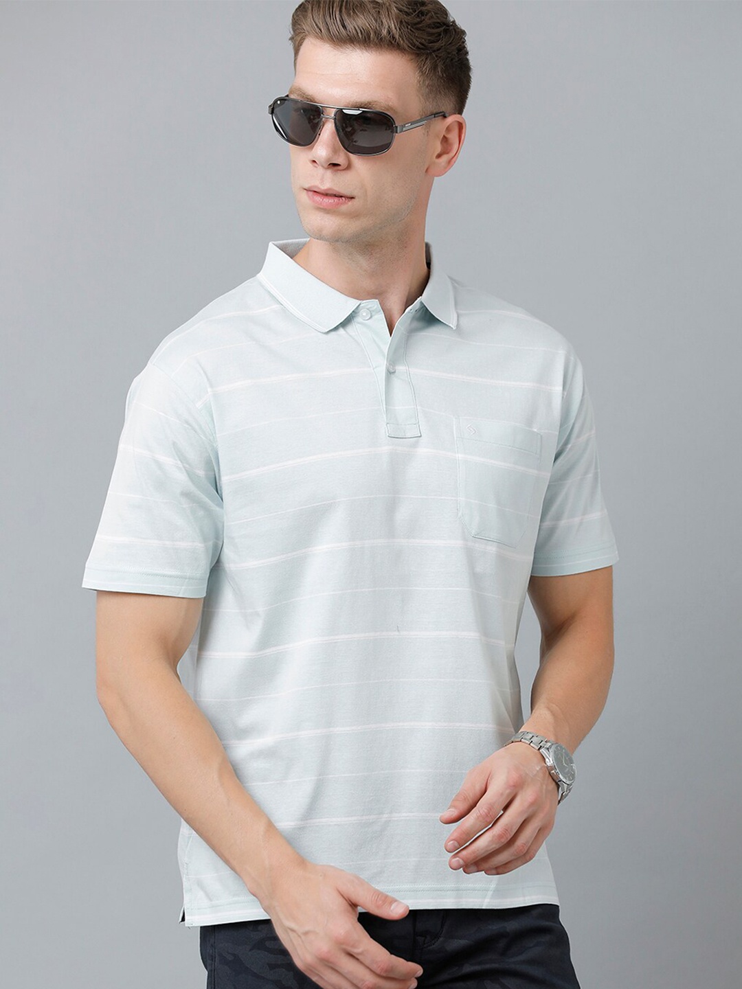 

Classic Polo Men Striped Polo Collar Cotton T-shirt, Blue