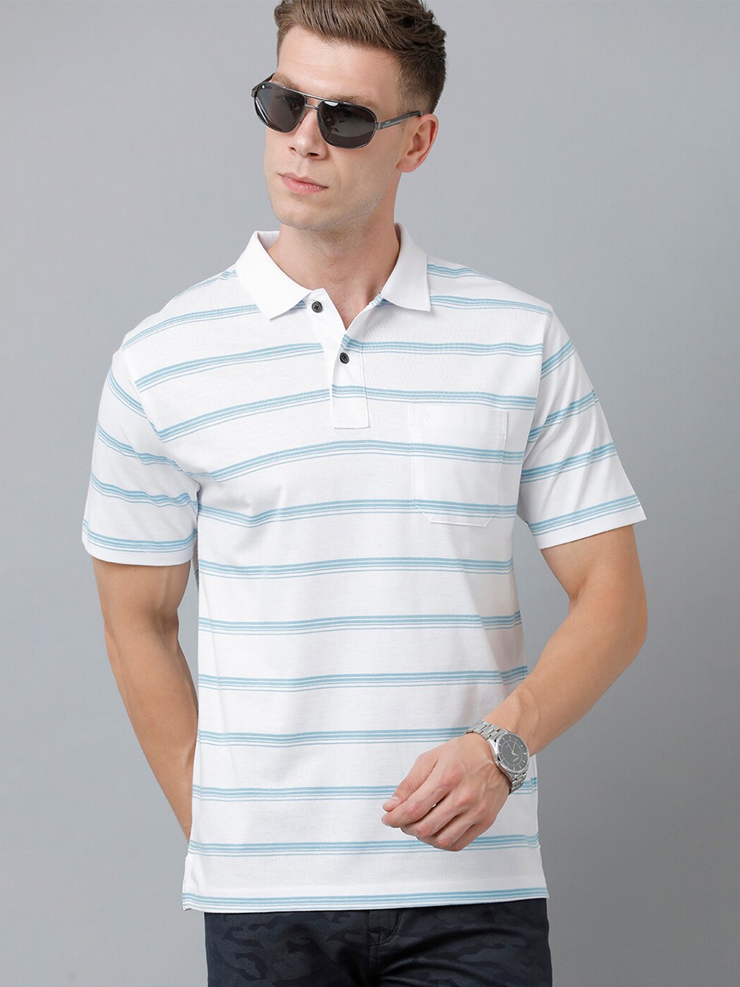 

Classic Polo Men Striped Polo Collar Cotton T-shirt, White