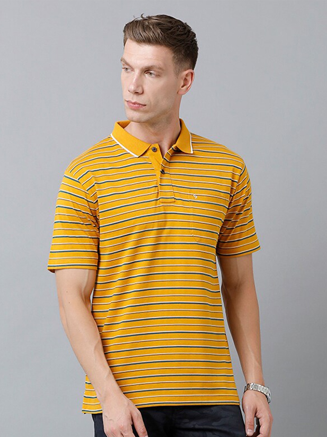 

Classic Polo Men Striped Polo Collar Cotton T-shirt, Yellow