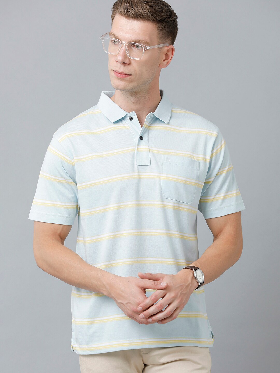 

Classic Polo Men Striped Polo Collar Cotton T-shirt, Blue