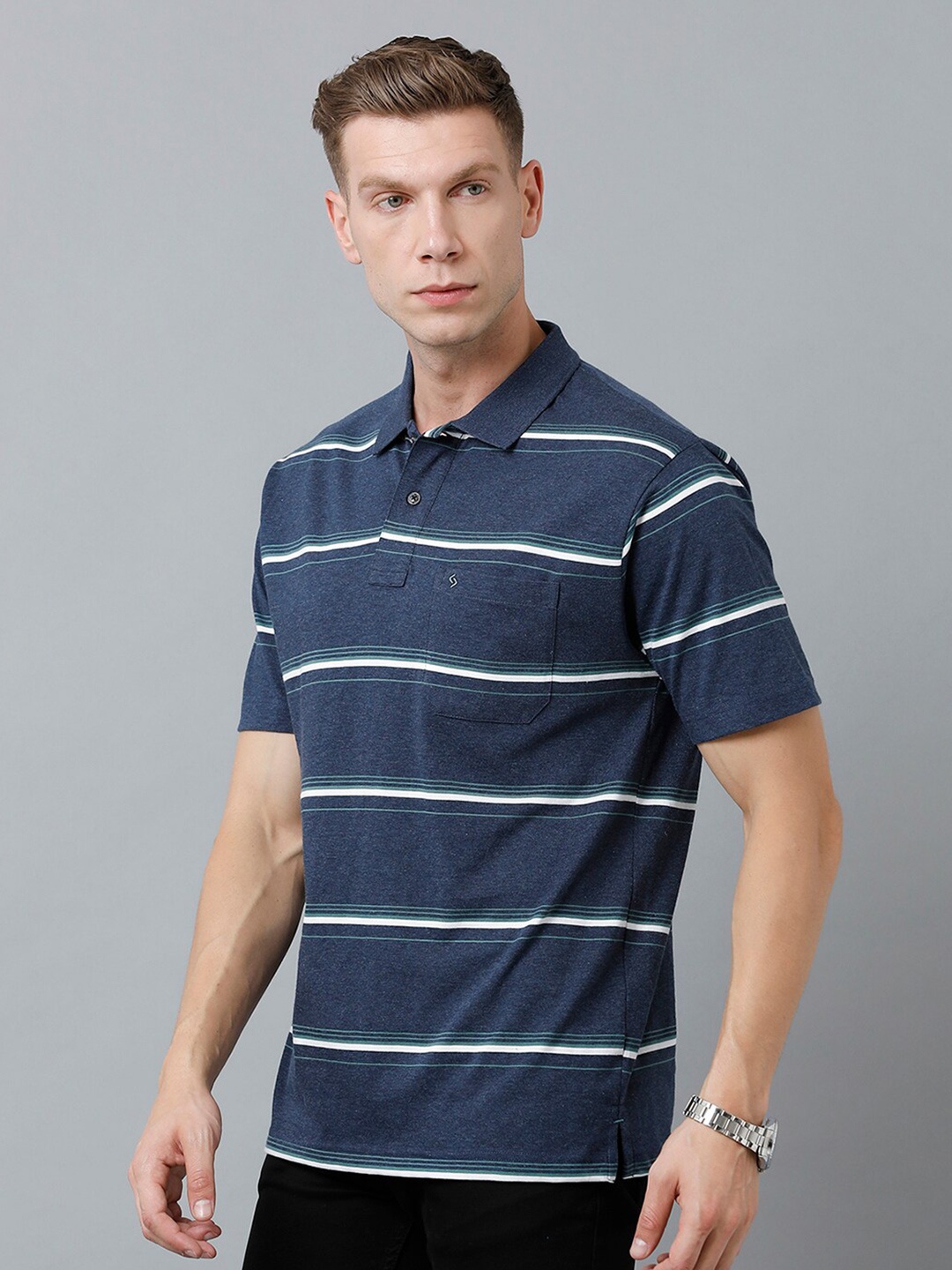 

Classic Polo Men Striped Polo Collar Cotton T-shirt, Navy blue