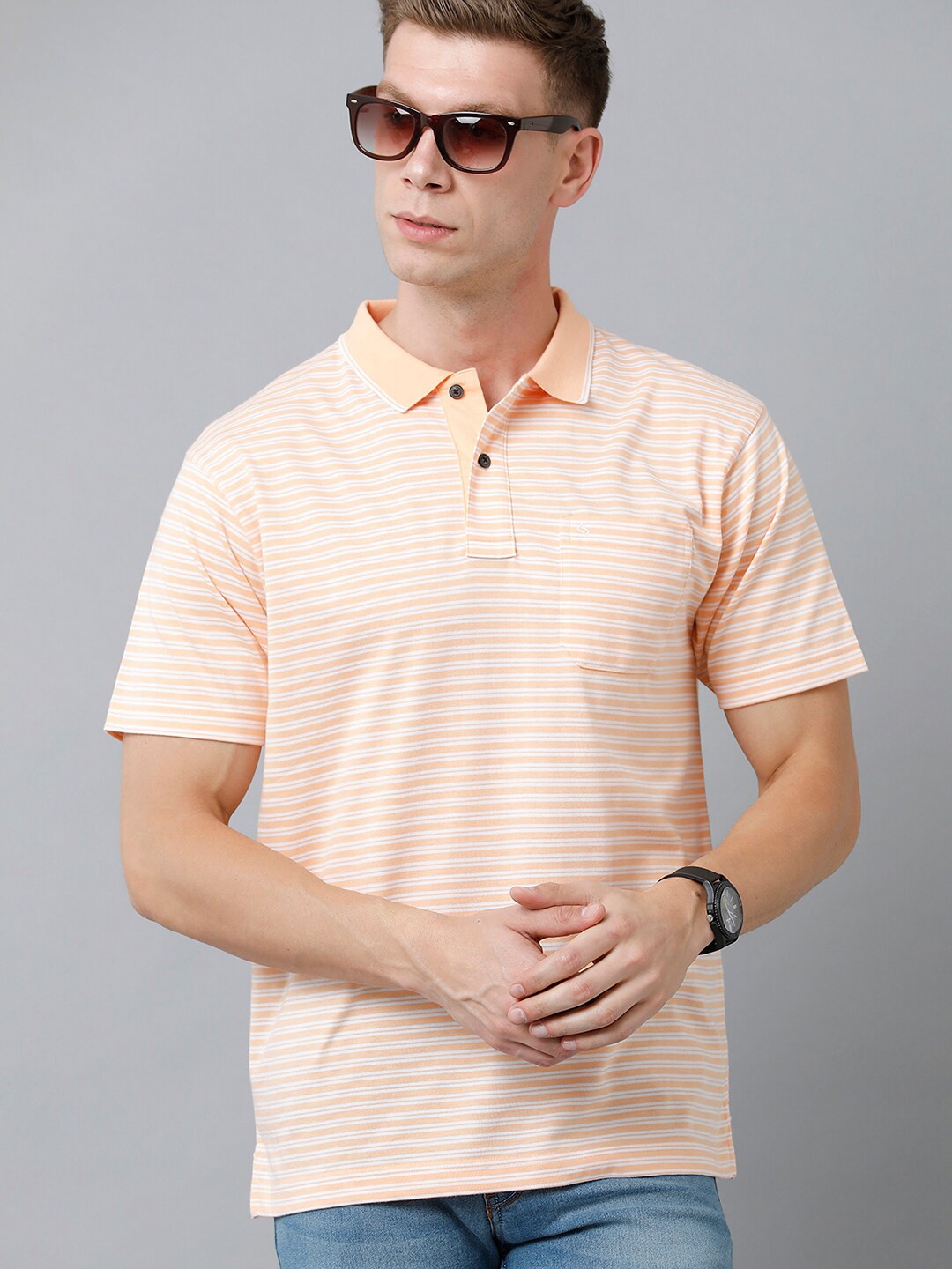 

Classic Polo Men Striped Polo Collar Cotton T-shirt, Peach