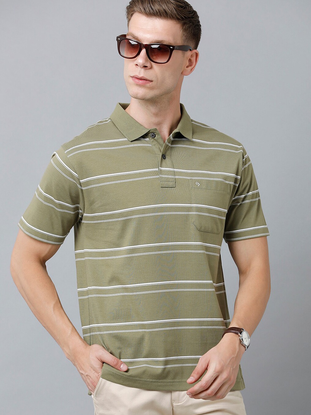 

Classic Polo Men Striped Polo Collar Cotton T-shirt, Olive