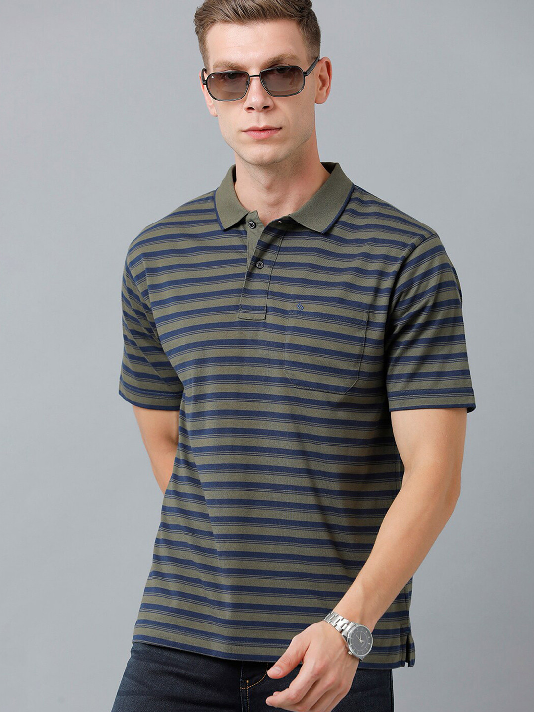 

Classic Polo Men Striped Polo Collar Cotton T-shirt, Olive