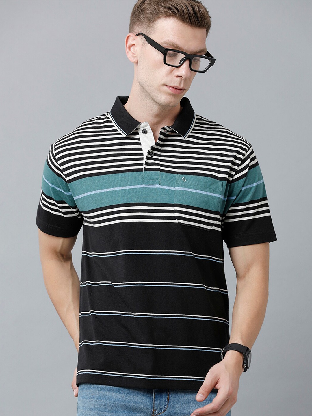 

Classic Polo Men Striped Polo Collar Cotton T-shirt, Black