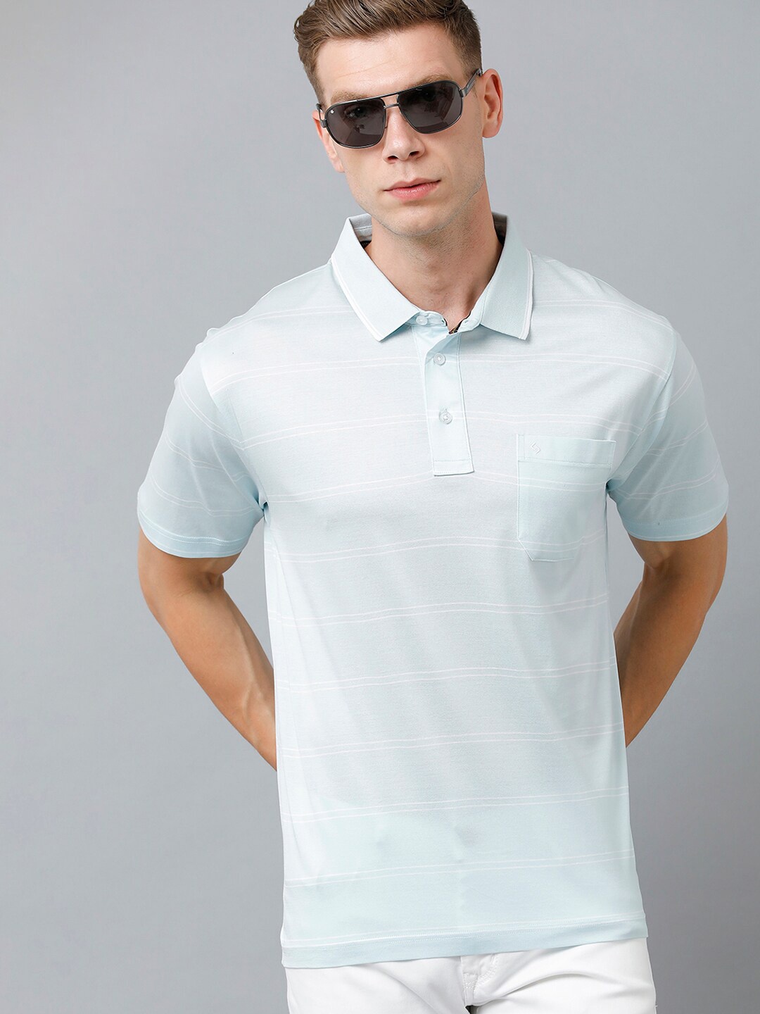 

Classic Polo Men Striped Polo Collar Cotton T-shirt, Blue