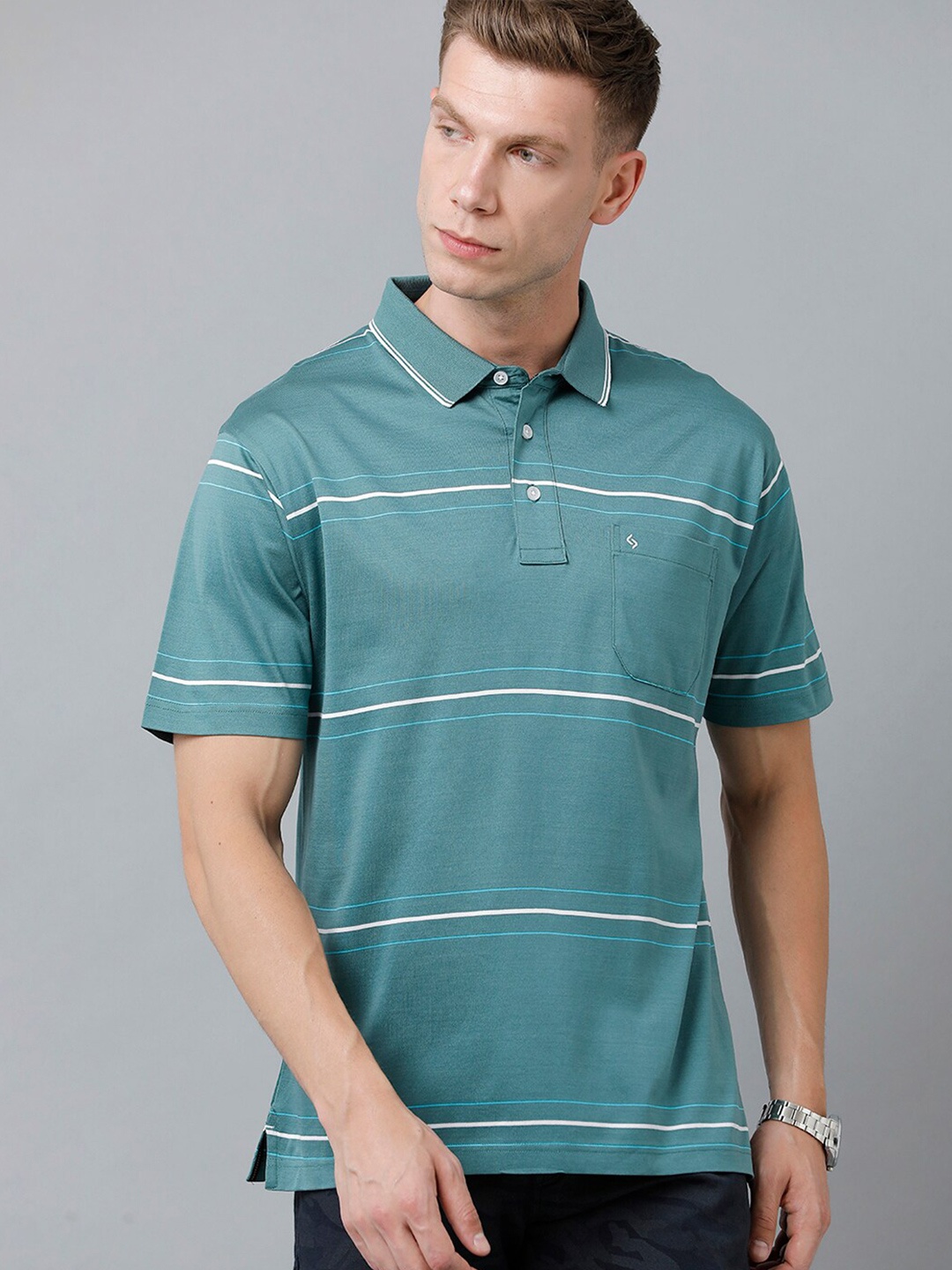 

Classic Polo Men Striped Polo Collar Cotton T-shirt, Green