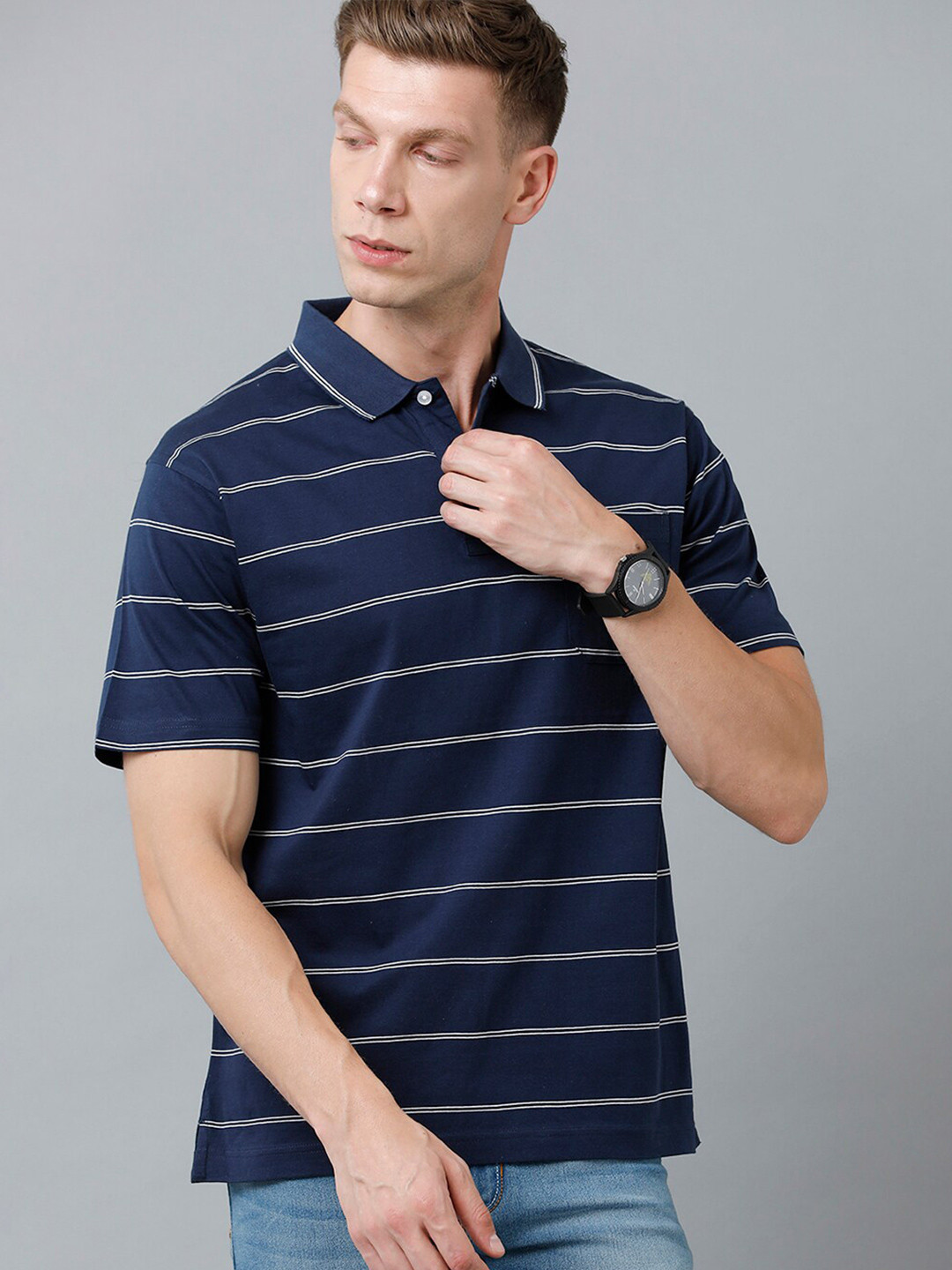 

Classic Polo Men Striped Polo Collar T-shirt, Blue