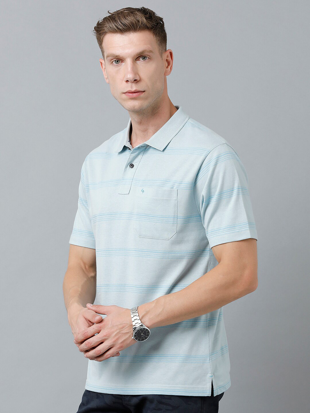 

Classic Polo Men Striped Polo Collar Cotton T-shirt, Blue