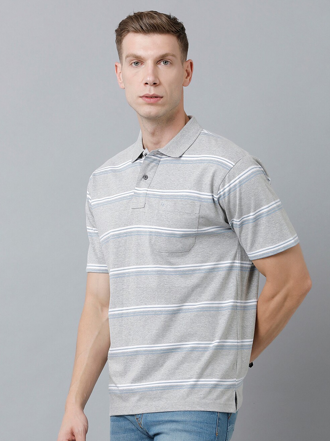 

Classic Polo Men Striped Polo Collar Cotton T-shirt, Grey