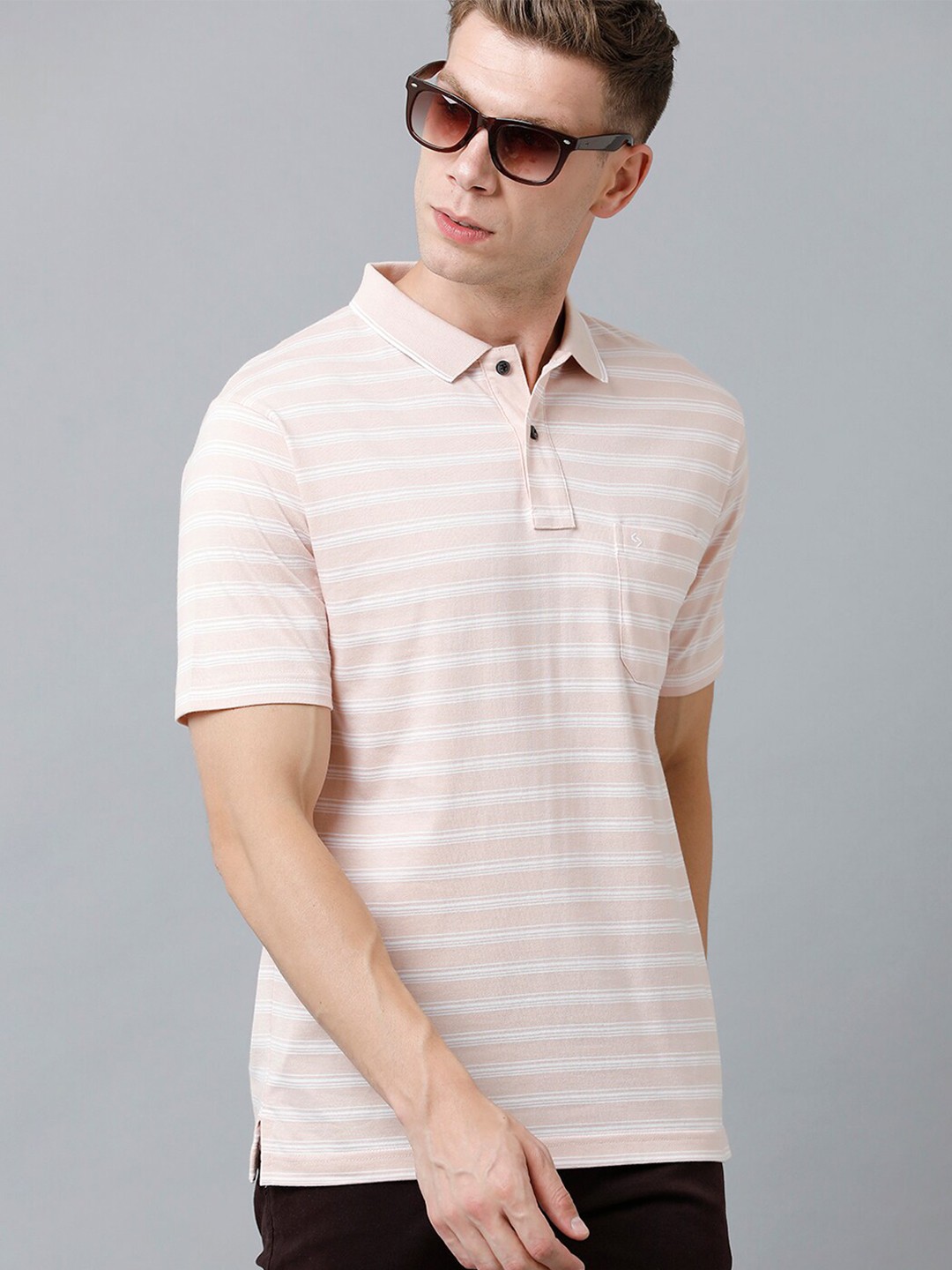 

Classic Polo Men Striped Polo Collar Cotton T-shirt, Beige