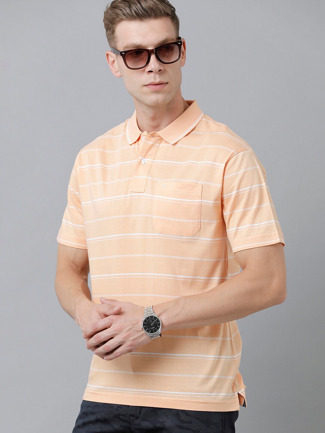 

Classic Polo Men Striped Polo Collar Cotton T-shirt, Coral