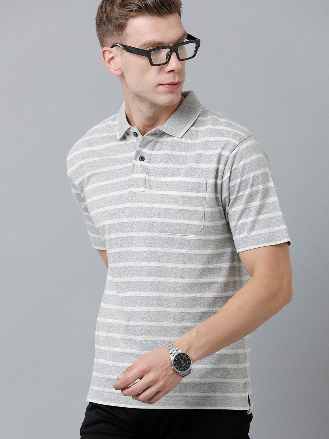 

Classic Polo Men Striped Polo Collar Cotton T-shirt, Grey