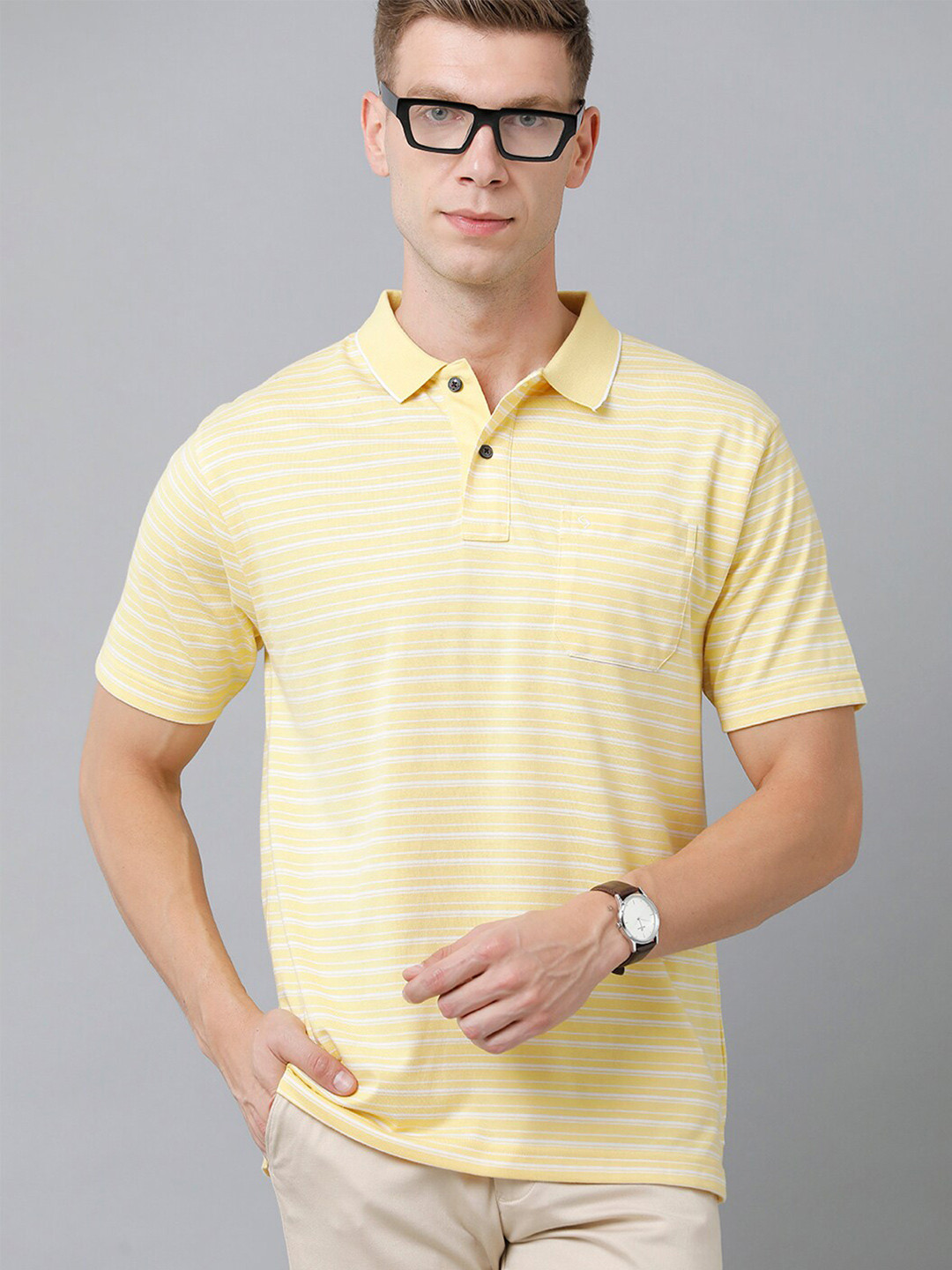

Classic Polo Men Striped Polo Collar Cotton T-shirt, Yellow