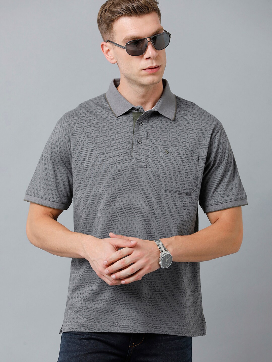 

Classic Polo Men Printed Polo Collar Drop-Shoulder Sleeves Cotton T-shirt, Grey