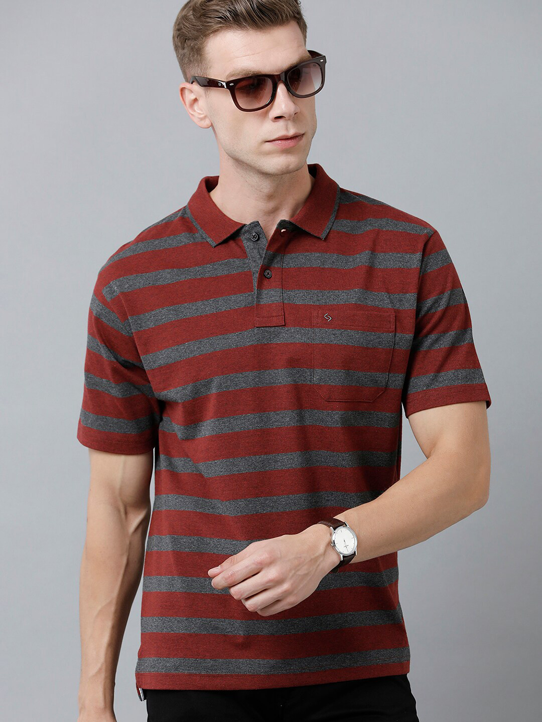 

Classic Polo Men Striped Polo Collar Cotton T-shirt, Red